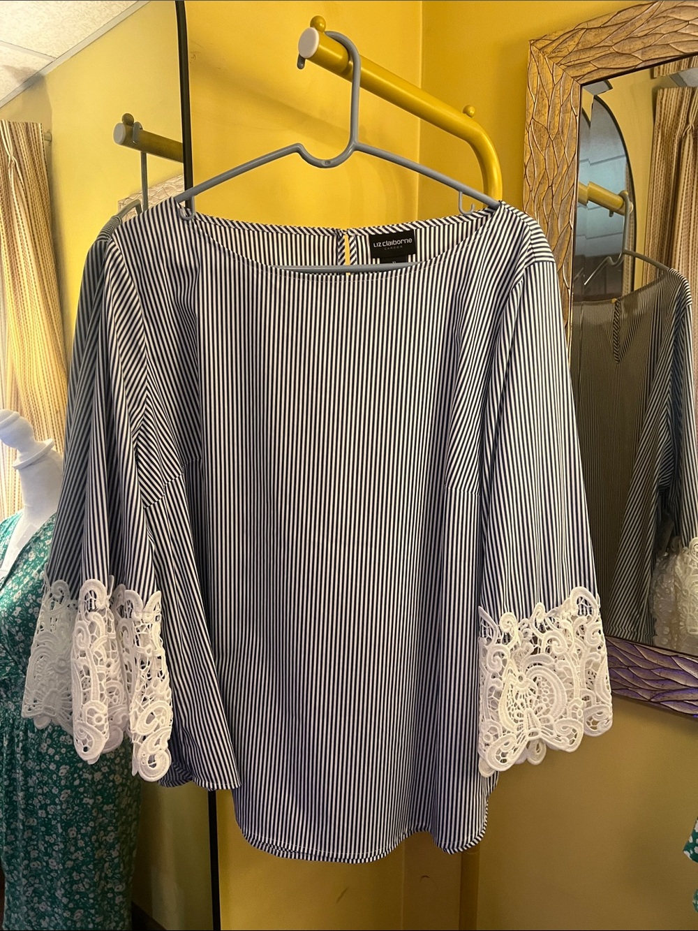 Navy and White Pinstripe Top with White Lace Sleeves